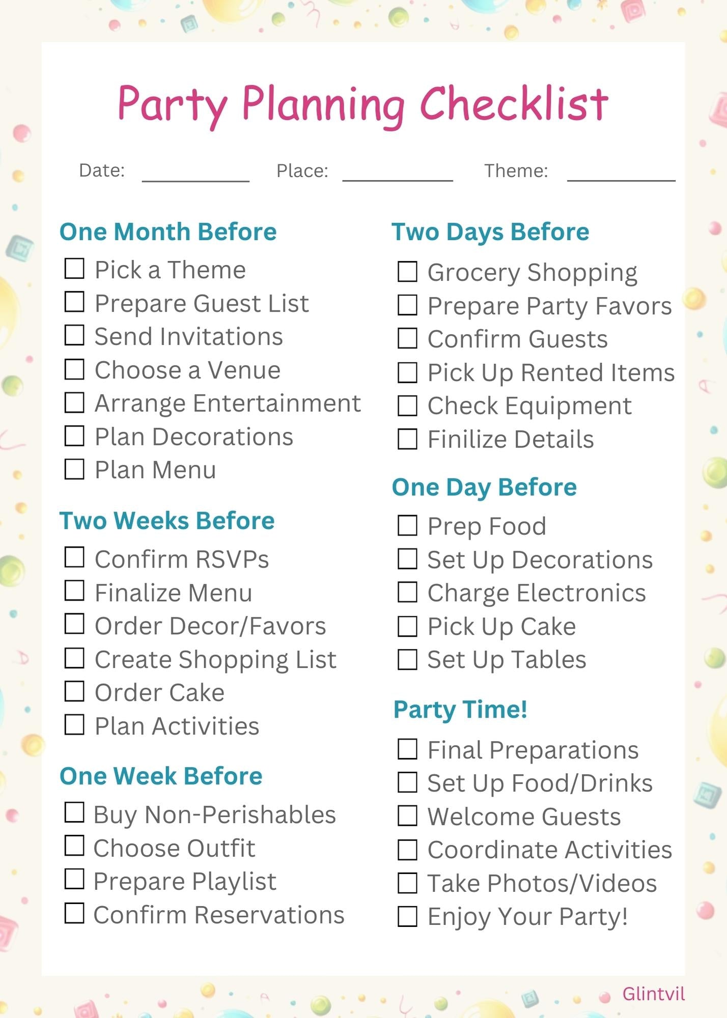 Glintvil Party Planning Checklist