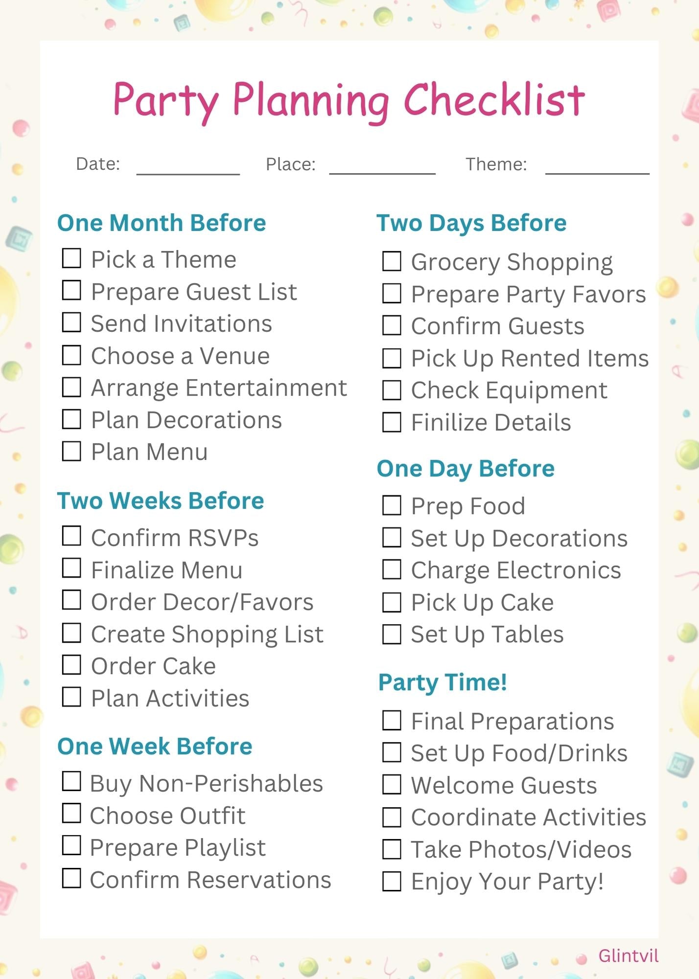 Glintvil Party Planning Checklist